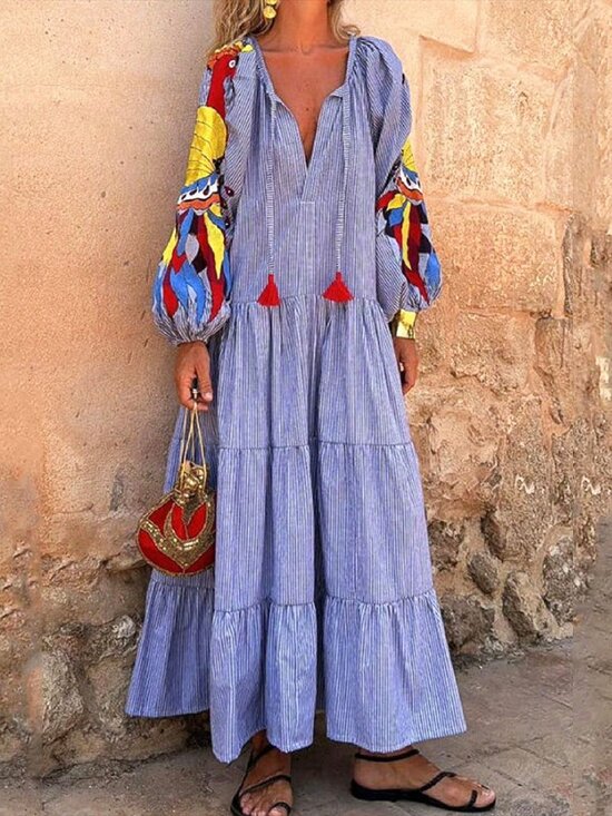 Dresses & Skirts - Blue Casual Women's Boho Floral Puff Sleeve Maxi Dress